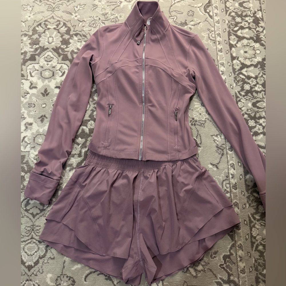 Lululemon Lavender Lux Define Cropped Jacket and shake it out shorts set